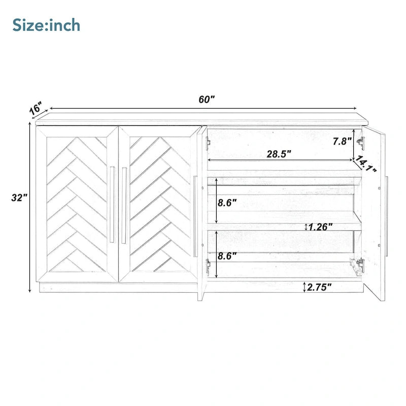 Modern Sideboard Buffet Cabinet with 4 Doors and Adjustable Interior Shelves