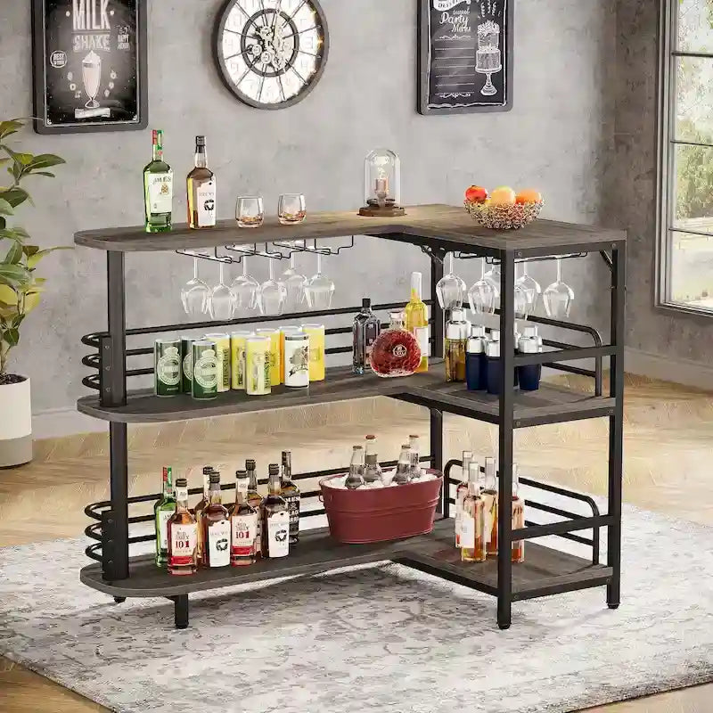 L-förmige Hausbar, 3-stufiger Likörtisch mit Weinglashalter, Eck-Weinschrank für Küche und Partykeller