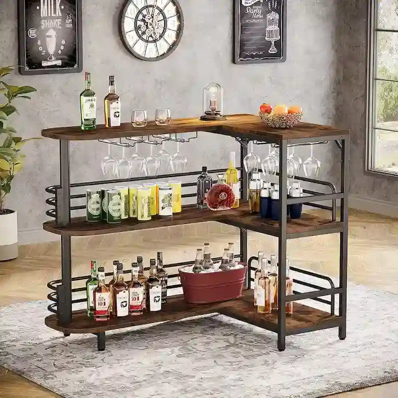 L-förmige Hausbar, 3-stufiger Likörtisch mit Weinglashalter, Eck-Weinschrank für Küche und Partykeller