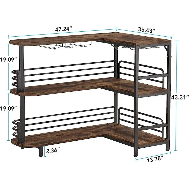L-Shaped Home Bar Unit, 3 Tier Liquor Bar Table with Wine Glasses Holder, Corner Wine Bar Cabinet for Home Kitchen Pub