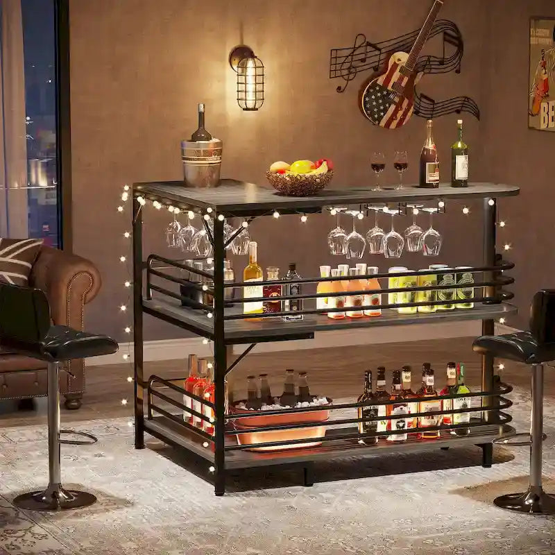 L-Shaped Home Bar Unit, 3 Tier Liquor Bar Table with Wine Glasses Holder, Corner Wine Bar Cabinet for Home Kitchen Pub
