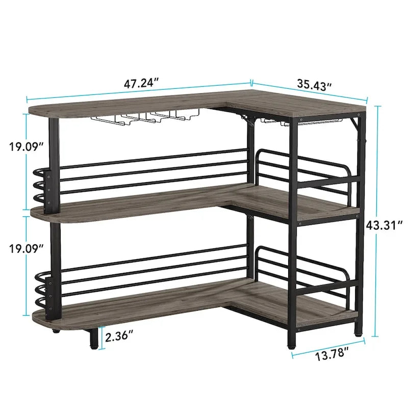 L-Shaped Home Bar Unit, 3 Tier Liquor Bar Table with Wine Glasses Holder, Corner Wine Bar Cabinet for Home Kitchen Pub