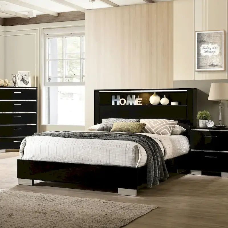 Modernes schwarzes Holz-Panelbett mit LED-Beleuchtung