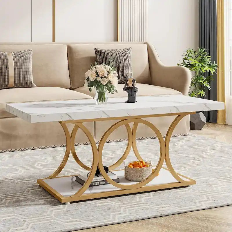 47.24-Zoll-Rechteck-Couchtisch, moderner 2-stufiger Couchtisch in Marmoroptik