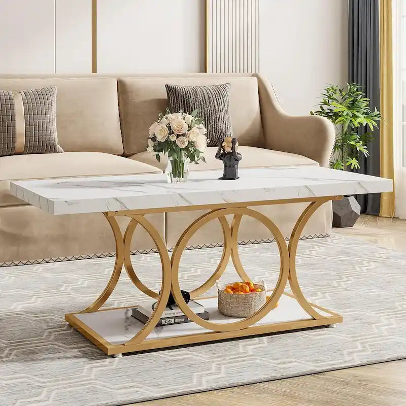 47.24-Zoll-Rechteck-Couchtisch, moderner 2-stufiger Couchtisch in Marmoroptik