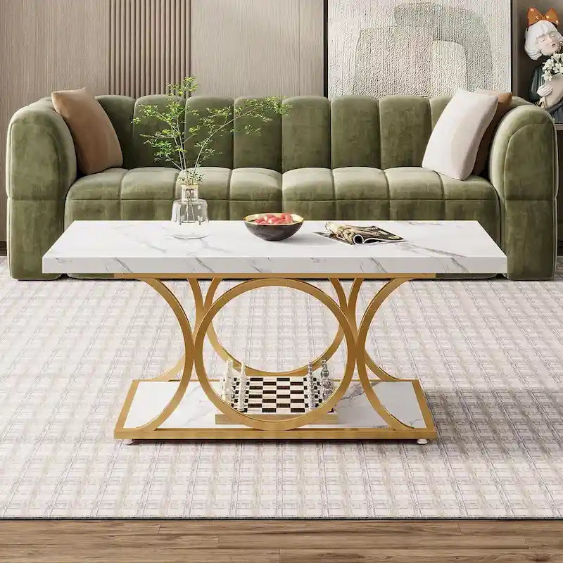 47.24-Zoll-Rechteck-Couchtisch, moderner 2-stufiger Couchtisch in Marmoroptik