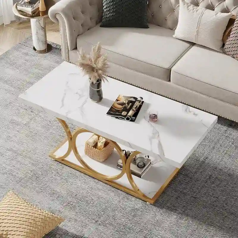47.24-Zoll-Rechteck-Couchtisch, moderner 2-stufiger Couchtisch in Marmoroptik