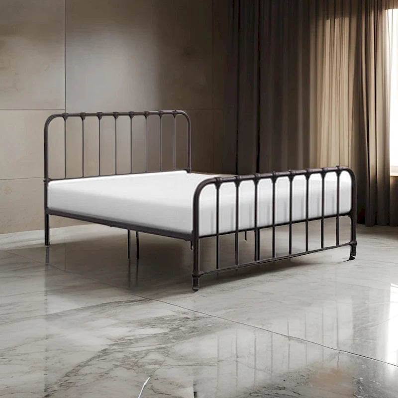 Ethan Queen Size Bed, Classic Open Slatted Metal Frame Design, Dark Bronze