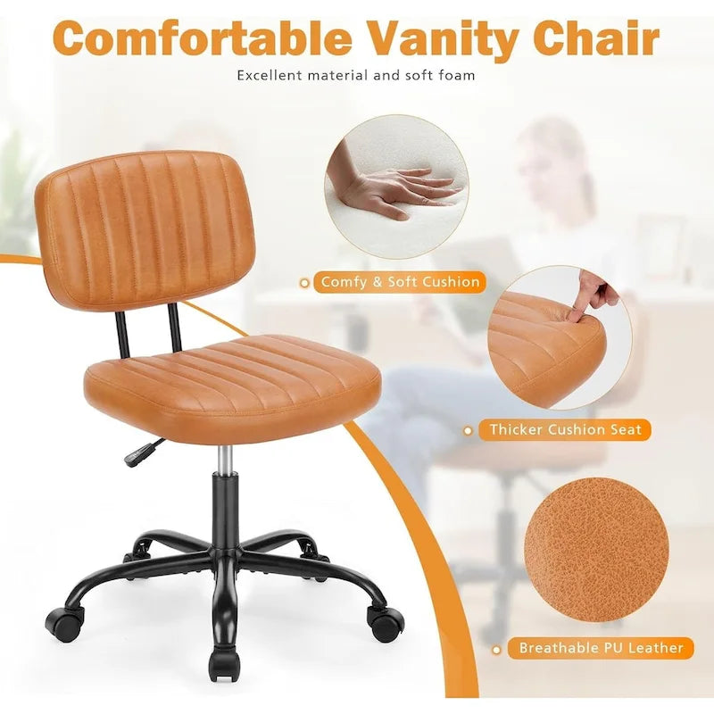 Small Office Computer Desk Chair, Comfy Cute Armlees PU Leather Rolling Chair