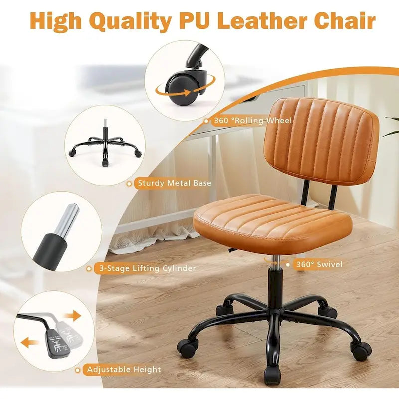 Small Office Computer Desk Chair, Comfy Cute Armlees PU Leather Rolling Chair