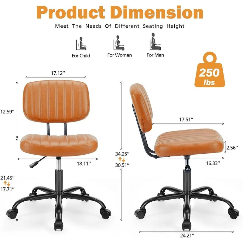 Small Office Computer Desk Chair, Comfy Cute Armlees PU Leather Rolling Chair