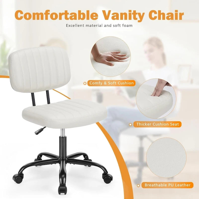 Small Office Computer Desk Chair, Comfy Cute Armlees PU Leather Rolling Chair