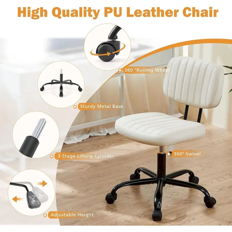 Small Office Computer Desk Chair, Comfy Cute Armlees PU Leather Rolling Chair