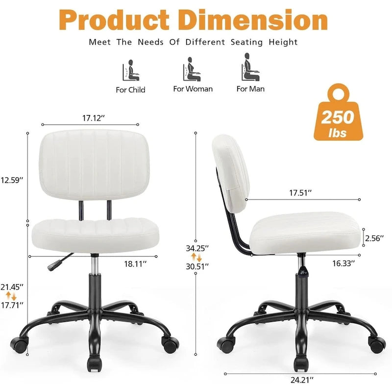 Small Office Computer Desk Chair, Comfy Cute Armlees PU Leather Rolling Chair