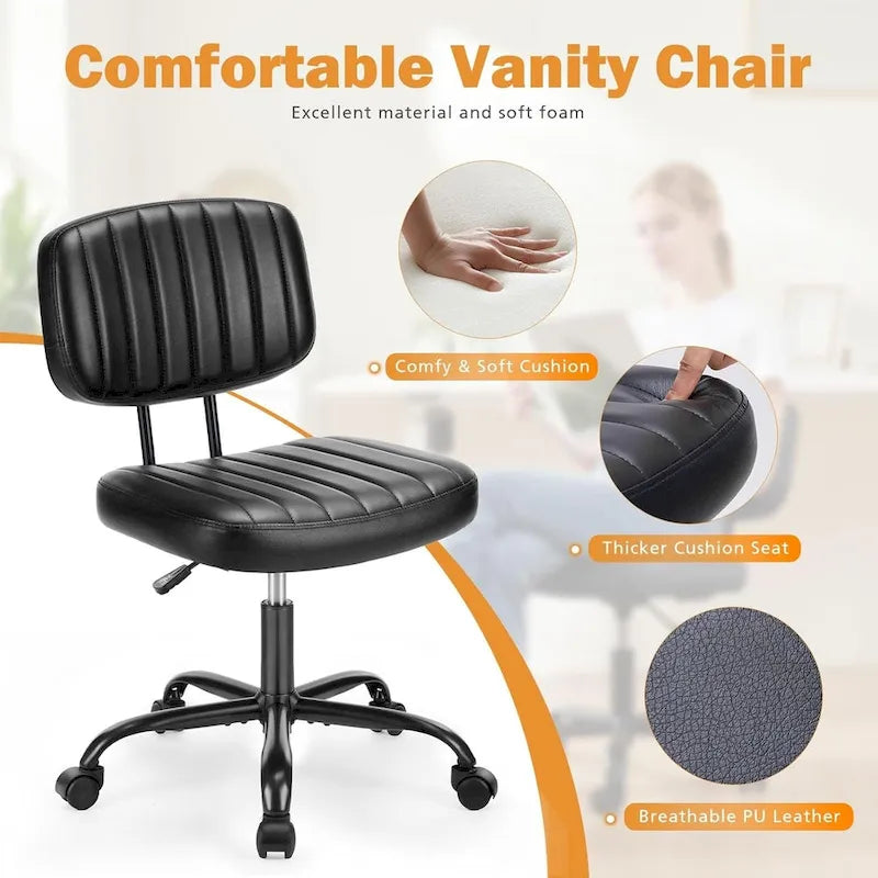 Small Office Computer Desk Chair, Comfy Cute Armlees PU Leather Rolling Chair