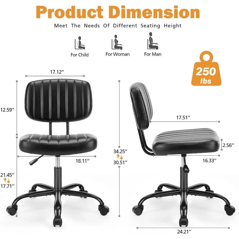 Small Office Computer Desk Chair, Comfy Cute Armlees PU Leather Rolling Chair