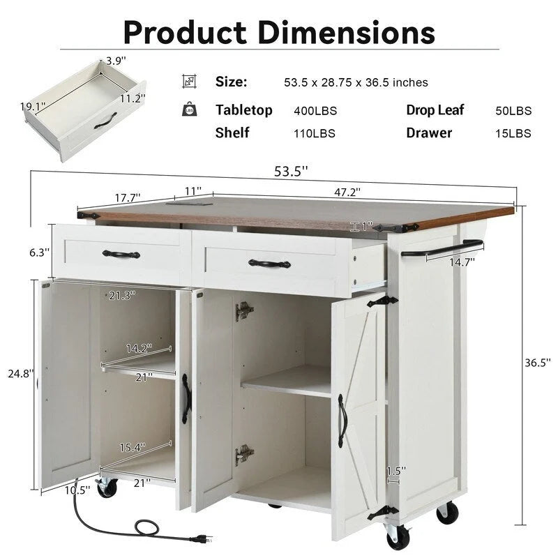 Kitchen Island with Power Outlet, Kitchen Storage Island with Drop Leaf