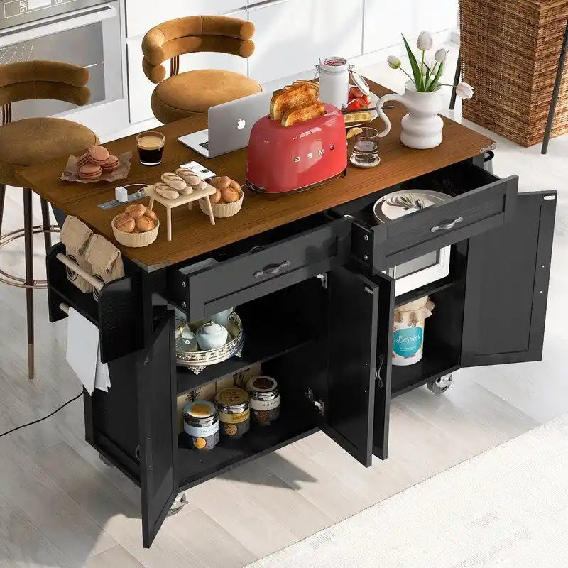 Kitchen Island with Power Outlet, Kitchen Storage Island with Drop Leaf