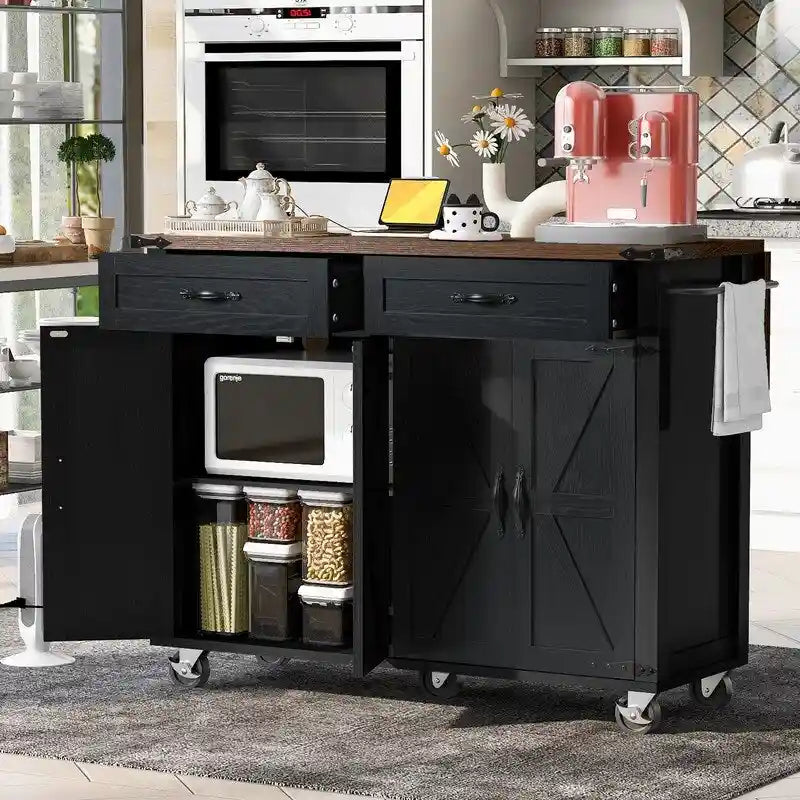 Kitchen Island with Power Outlet, Kitchen Storage Island with Drop Leaf