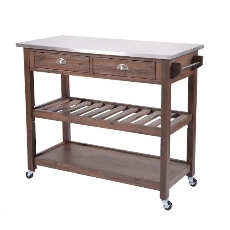 Drawers Wooden Kitchen Cart with Metal Top and Casters, Gray and Brown