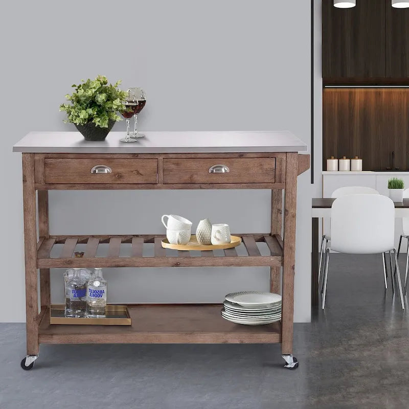 Drawers Wooden Kitchen Cart with Metal Top and Casters, Gray and Brown