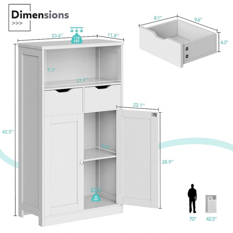 Freestanding Bathroom Storage Pantry Cabinet with 2 Drawers
