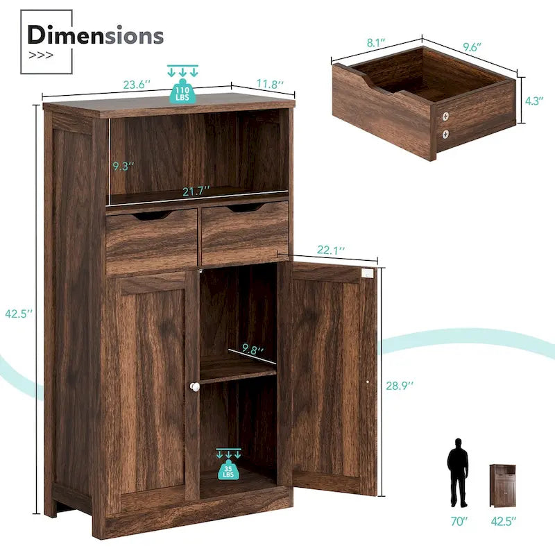 Freestanding Bathroom Storage Pantry Cabinet with 2 Drawers