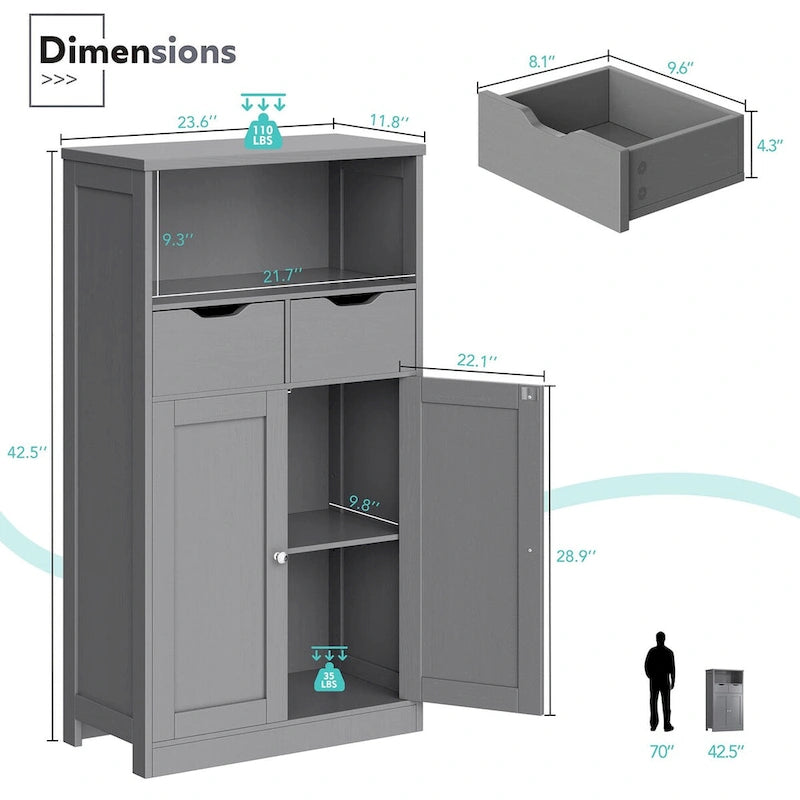 Freestanding Bathroom Storage Pantry Cabinet with 2 Drawers