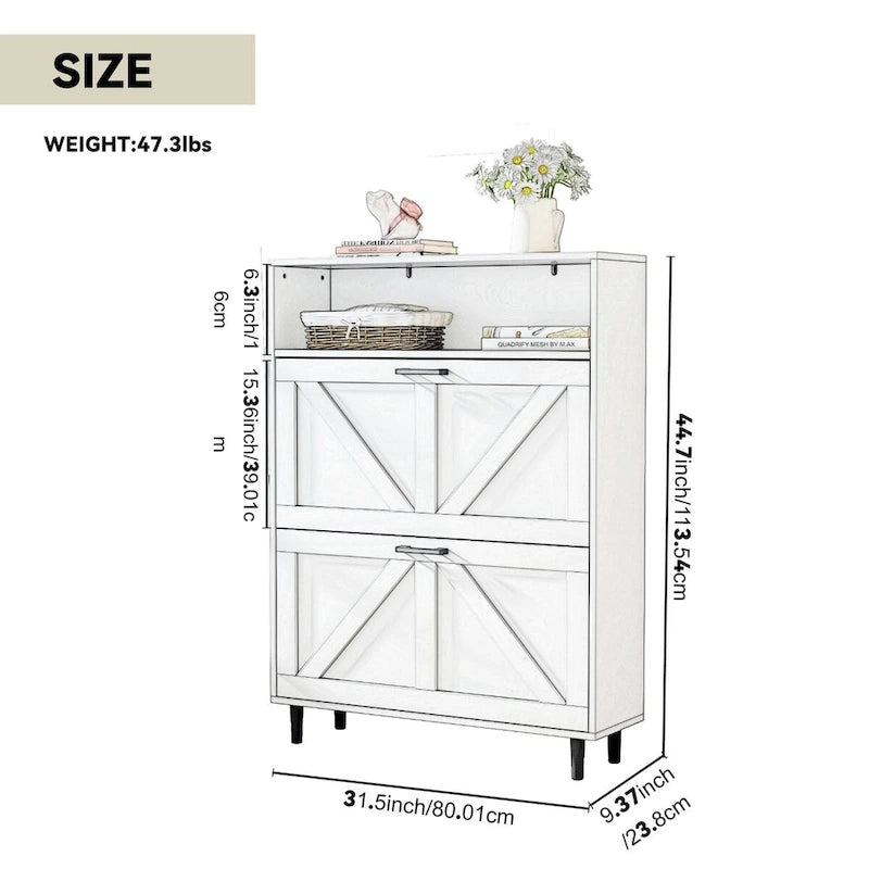 Schuhschrank mit Scheunentor-Design, Schuhorganizer mit 2 Klappschubladen, freistehender schmaler Schuhschrank