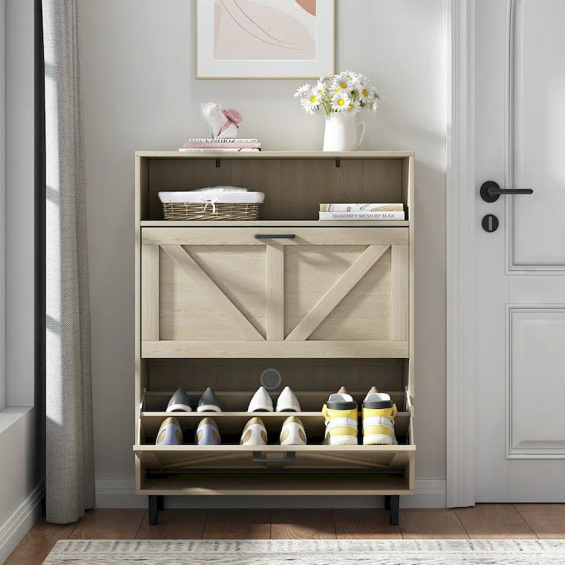 Schuhschrank mit Scheunentor-Design, Schuhorganizer mit 2 Klappschubladen, freistehender schmaler Schuhschrank