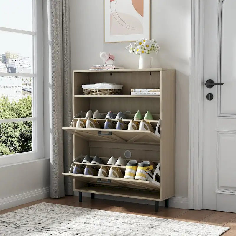 Schuhschrank mit Scheunentor-Design, Schuhorganizer mit 2 Klappschubladen, freistehender schmaler Schuhschrank