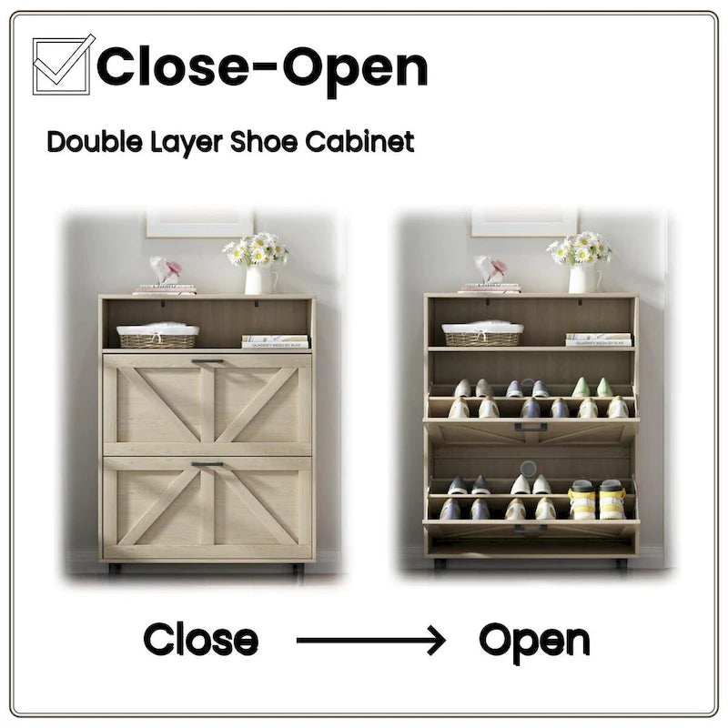 Schuhschrank mit Scheunentor-Design, Schuhorganizer mit 2 Klappschubladen, freistehender schmaler Schuhschrank