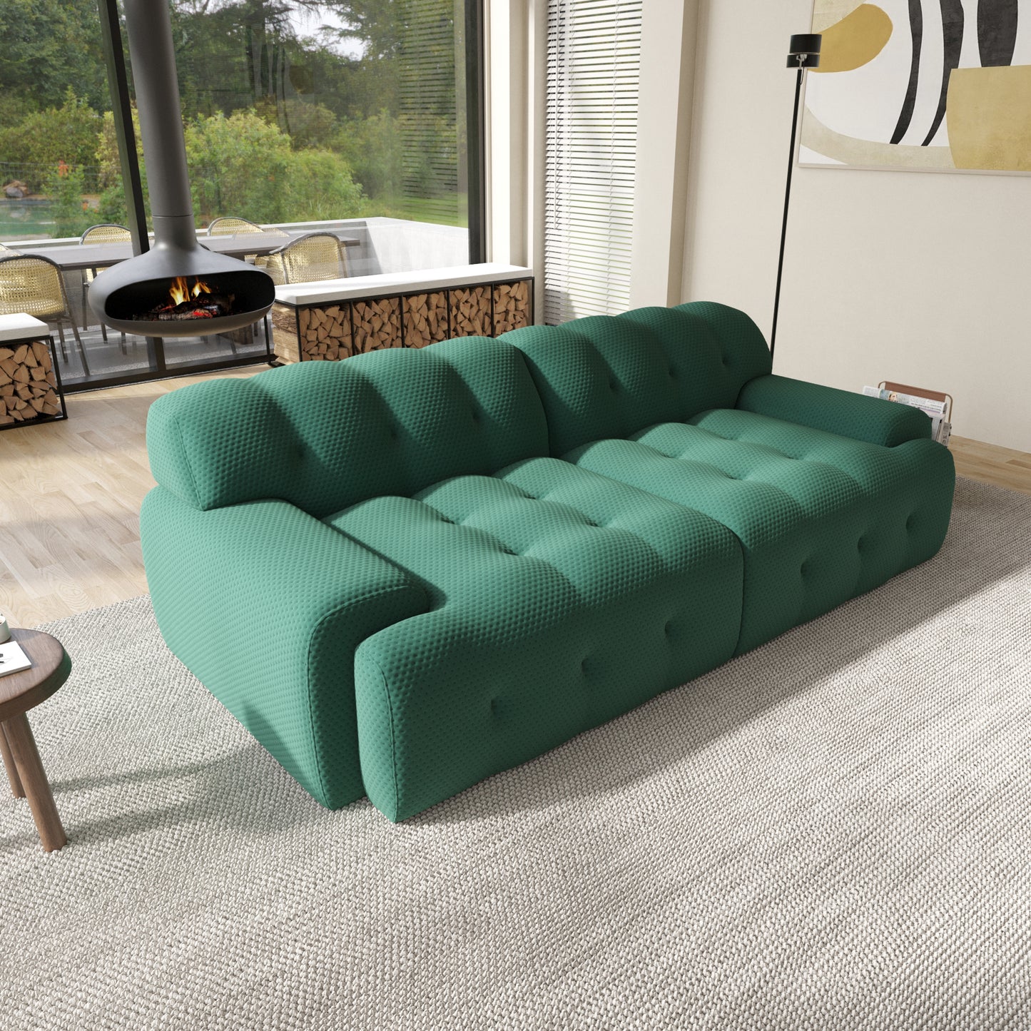 102.4 in. W Square Arm Knit Fabric Rectangle Waffle Sofa in. Green